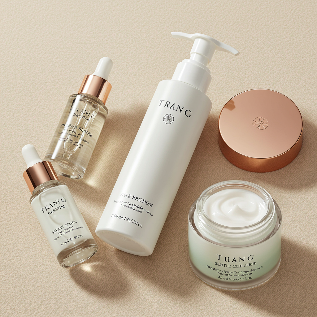 "Flat lay of health and beauty products including skincare bottles, facial serum, herbal oils, and organic soap on a pastel background with natural elements like flowers and leaves."
